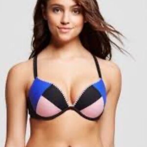 Shade & Shore Vibrant Blue and Pink Padded Racerback Bikini Top